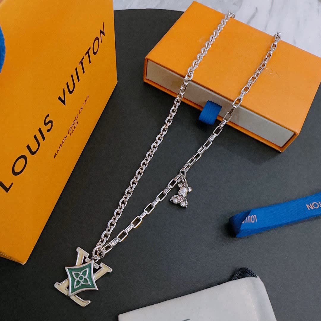 Louis Vuitton Silver Chain Necklace with LV Logo and Bear Charm